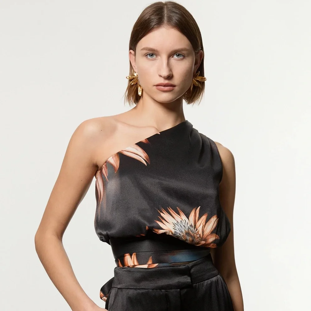 New Karen Millen Viscose Satin Tie Waist One Shoulder Blouse Top Dark Floral